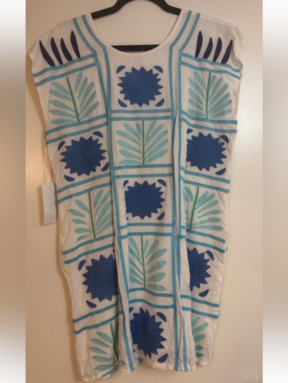 J. Marie New With Tags Embroidered White Dress with Blue & Aqua Floral Pattern - Picture 3 of 3